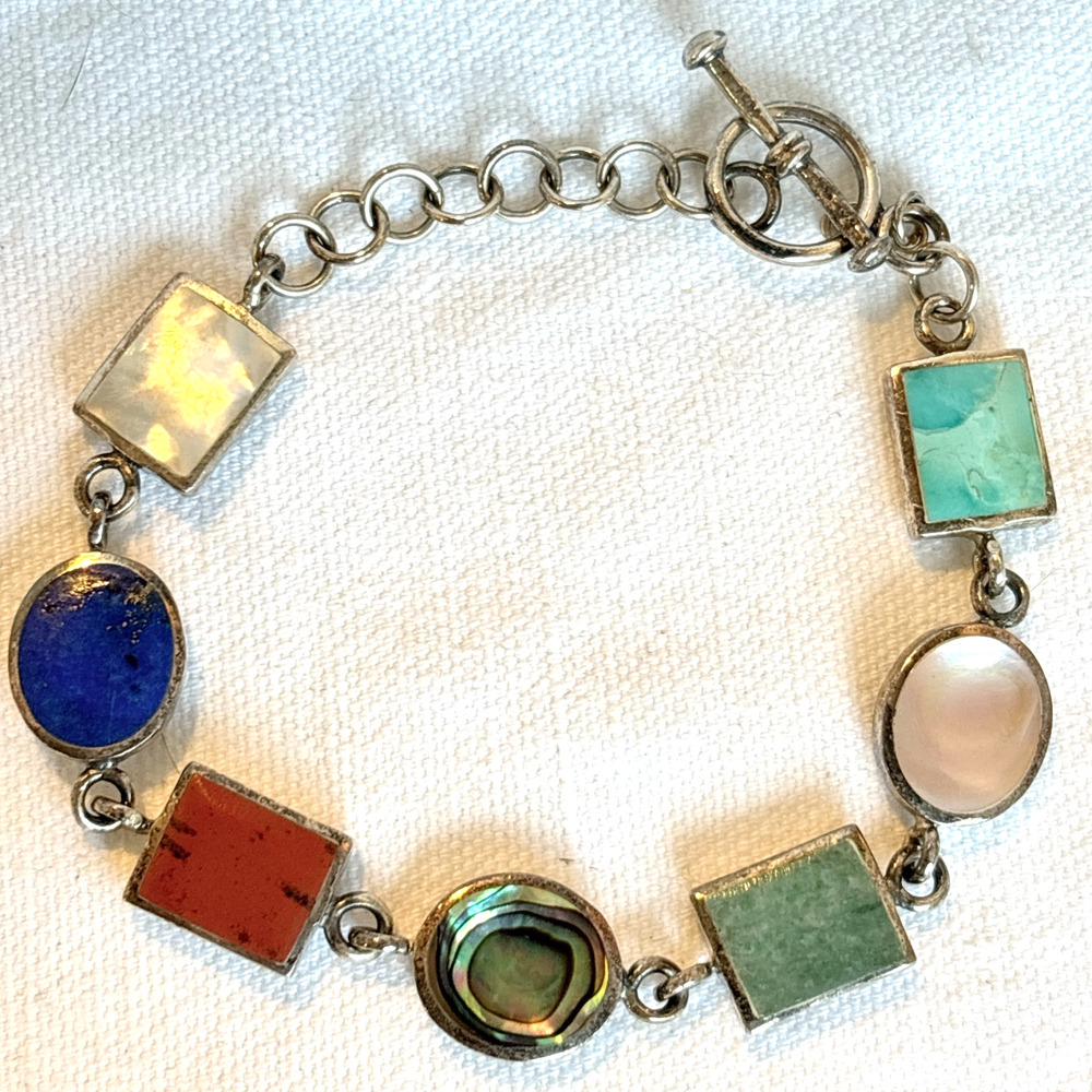 SX Thai 925 Sterling Silver Reversible Multi Gemstone Link Bracelet 8"